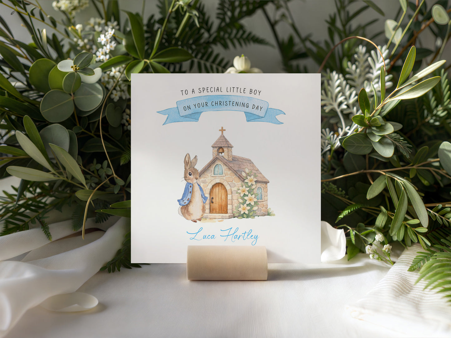 Personalised Christening Card for Boy – Custom Baptism Card with Message, Name & Date - Cute Bunny & Church Design – Baptism Card for Boys, Son, Grandson, Nephew with Blue Envelope