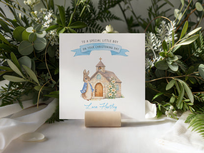 Personalised Christening Card for Boy – Custom Baptism Card with Message, Name & Date - Cute Bunny & Church Design – Baptism Card for Boys, Son, Grandson, Nephew with Blue Envelope