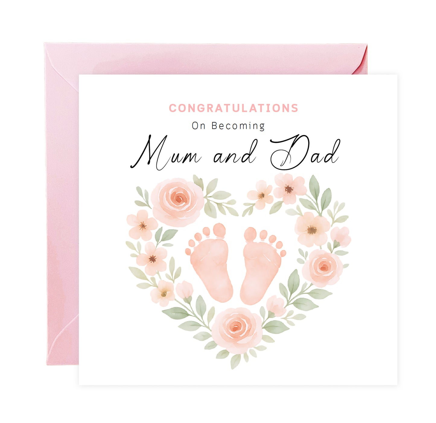 Personalised New Baby Girl Card – Congratulations On Becoming Mum & Dad, Auntie & Uncle, Grandpa & Grandma – Floral Baby Feet design - Pink Envelope Included