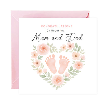 Personalised New Baby Girl Card – Congratulations On Becoming Mum & Dad, Auntie & Uncle, Grandpa & Grandma – Floral Baby Feet design - Pink Envelope Included
