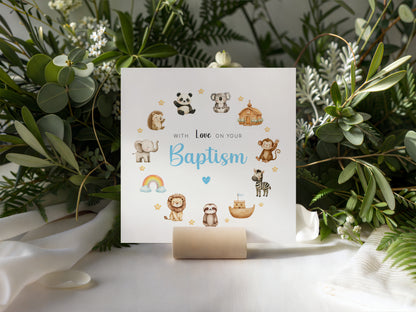 Baptism Christening Day Card for Boy – Cute Animals and Church Design – With Love on Your Baptism - Religious Christening Card for Boys, Son, Grandson, Nephew with Blue Envelope