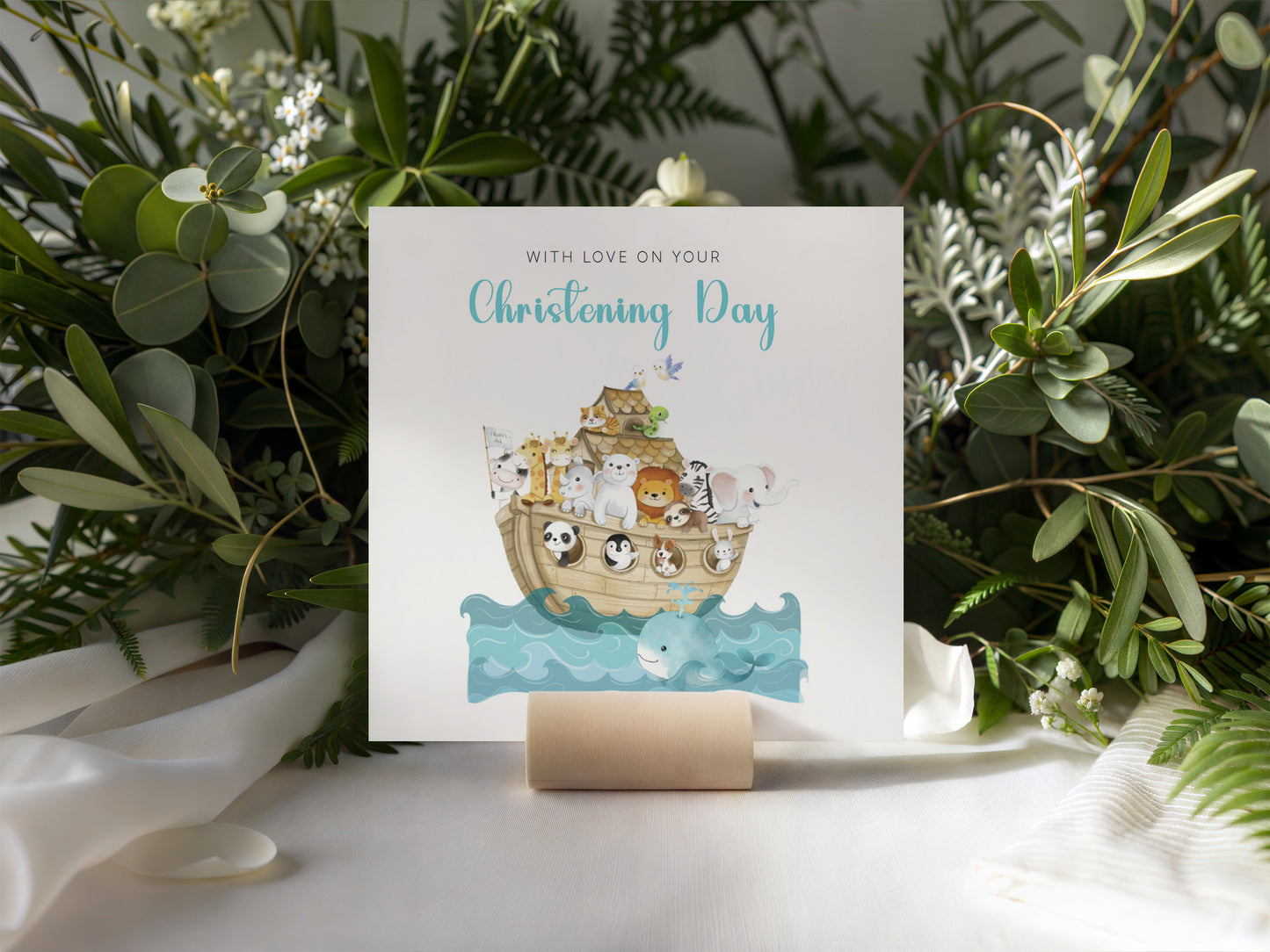Christening Card for Boy or Girl – Noah’s Ark Design – With Love on Your Christening Day -  Religious Baptism Card for Son, Daughter, Grandson, Granddaughter, Nephew, Niece with Blue Envelope