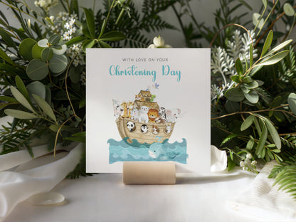 Christening Card for Boy or Girl – Noah’s Ark Design – With Love on Your Christening Day -  Religious Baptism Card for Son, Daughter, Grandson, Granddaughter, Nephew, Niece with Blue Envelope
