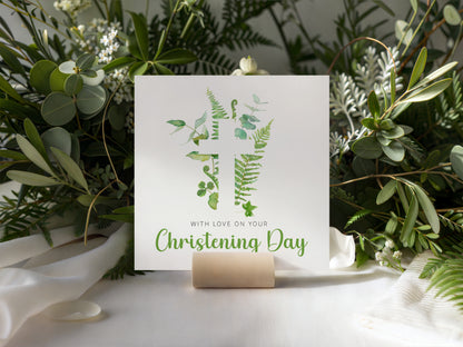 Christening Day/ Baptism Card for Boys or Girls - Elegant Religious Baptism Card with Green Botanical Cross for Son, Daughter, Grandson, Granddaughter, Nephew, Niece - Green Envelope Included