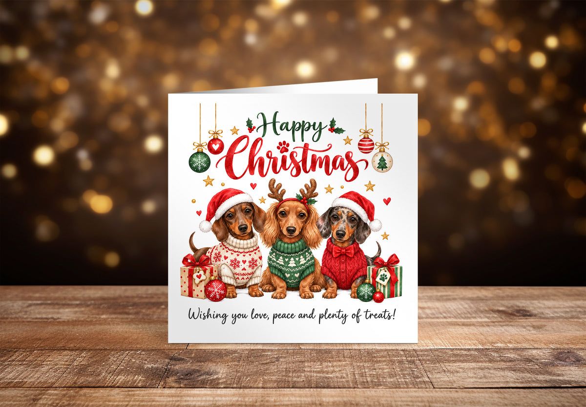 Dachshund Christmas Card for Dog Lovers – Cute Festive Sausage Dogs, Santa & Christmas Design
