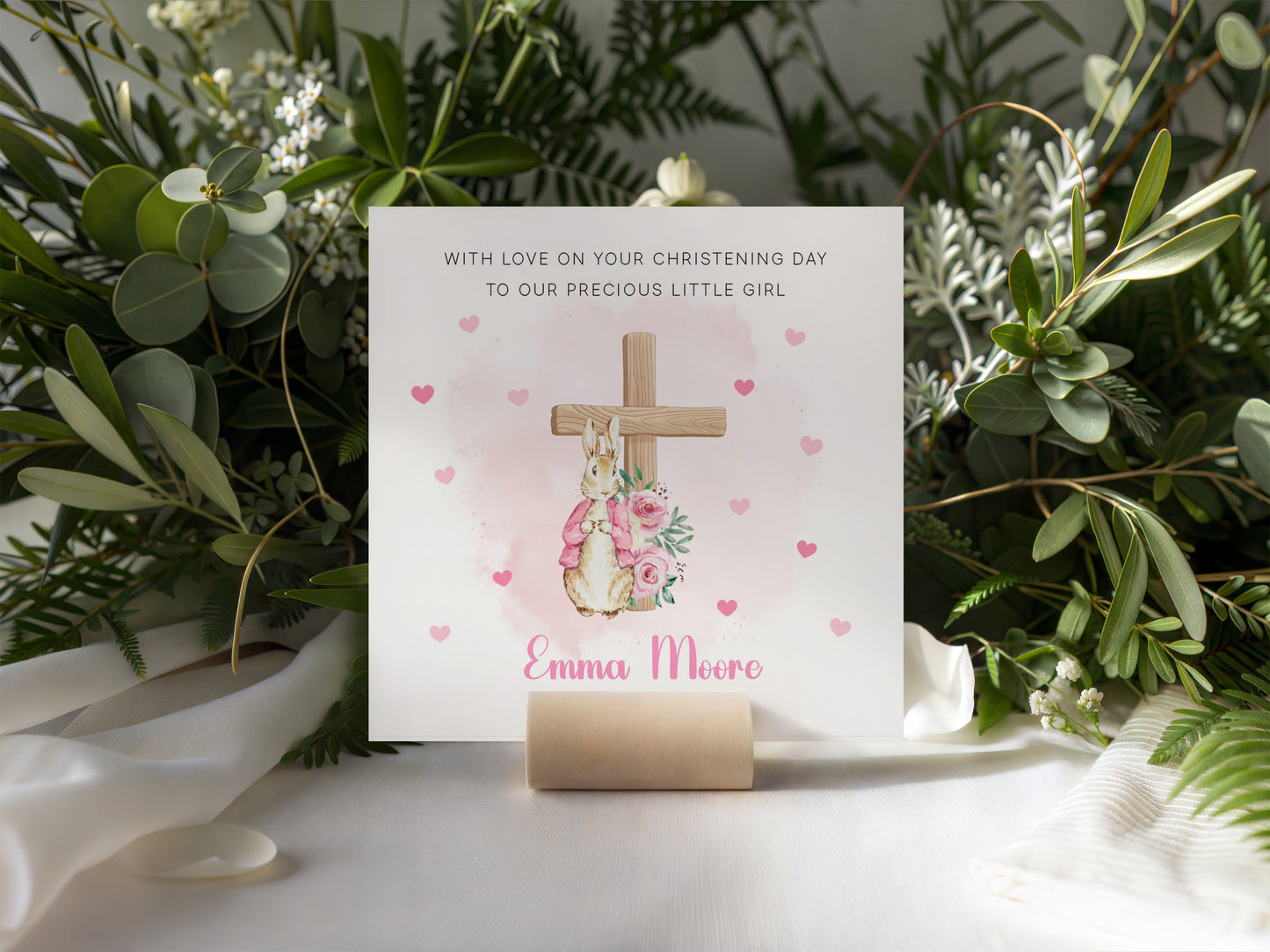 Personalised Christening Card for Girl – Custom Baptism Card with Message, Name & Date - Bunny Cross Floral Design – Baptism Card for Girls, Daughter, Granddaughter, Niece with Pink Envelope