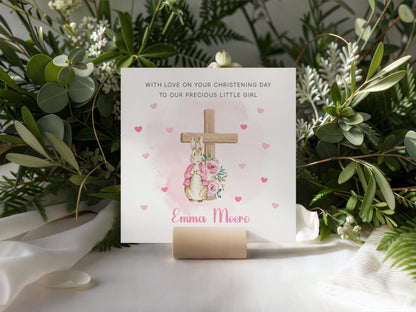Personalised Christening Card for Girl – Custom Baptism Card with Message, Name & Date - Bunny Cross Floral Design – Baptism Card for Girls, Daughter, Granddaughter, Niece with Pink Envelope