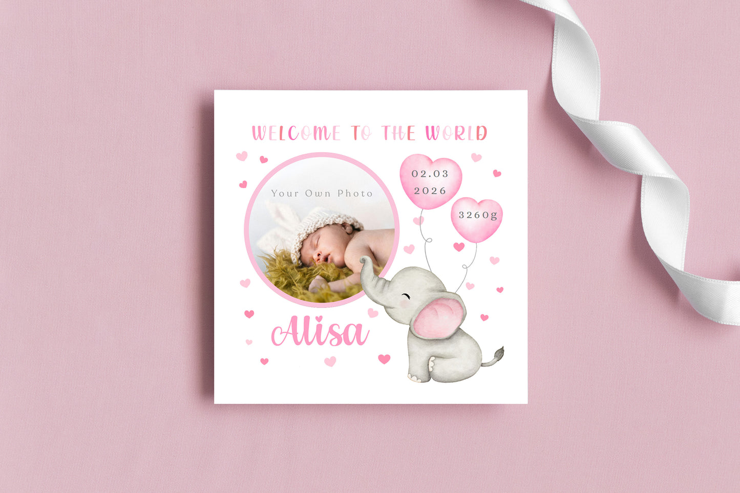 Personalised Phoro New Baby Girl Card Congratulations for Newborn Daughter, Granddaughter, Niece - Welcome To The World Card - Custom Photo Frame with Name, Birth Date & Weight with Pink Envelope