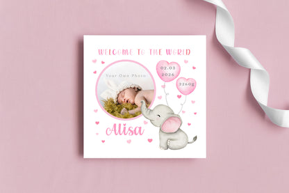 Personalised Phoro New Baby Girl Card Congratulations for Newborn Daughter, Granddaughter, Niece - Welcome To The World Card - Custom Photo Frame with Name, Birth Date & Weight with Pink Envelope