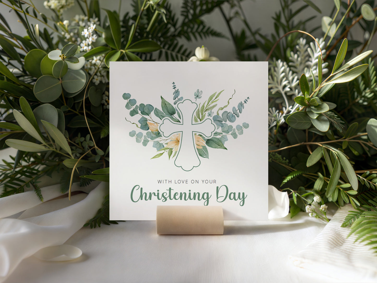 Christening Day/ Baptism Card for Boys or Girls - Elegant Religious Baptism Card with Cross & Greenery for Son, Daughter, Grandson, Granddaughter, Nephew, Niece - Green Envelope Included