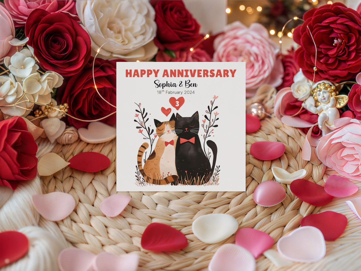 Personalised Cute Cats Anniversary Card - Custom Couple Names, Date and Years of Anniversary for Wedding, Dating, Relationship Milestones –1st, 2nd,10th, 20th - For Cat Lovers, Him, Her, Wife, Husband