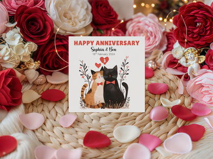 Personalised Cute Cats Anniversary Card - Custom Couple Names, Date and Years of Anniversary for Wedding, Dating, Relationship Milestones –1st, 2nd,10th, 20th - For Cat Lovers, Him, Her, Wife, Husband