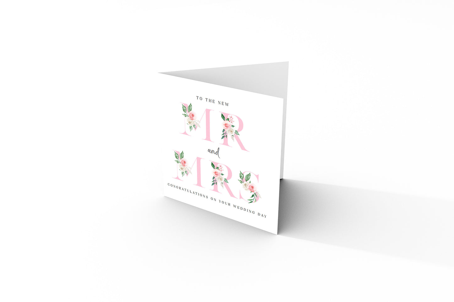 New Mr & Mrs Wedding Card  – Elegant Floral Letters Design - Romantic Wedding Congratulations Keepsake Card for Newlywed couples, Him or Her - Pink Envelope Included