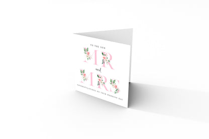 New Mr & Mrs Wedding Card  – Elegant Floral Letters Design - Romantic Wedding Congratulations Keepsake Card for Newlywed couples, Him or Her - Pink Envelope Included