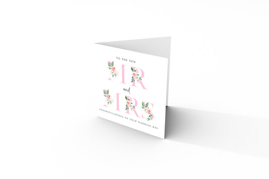 New Mr & Mrs Wedding Card  – Elegant Floral Letters Design - Romantic Wedding Congratulations Keepsake Card for Newlywed couples, Him or Her - Pink Envelope Included
