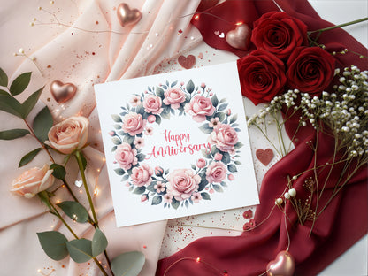 Elegant Floral Happy Anniversary Card - Romantic Pink Rose Wreath Design for Wedding, Dating, Relationship Milestones –1st, 2nd, 3rd, 5th, 10th, 20th - For Him, Her, Wife, Husband, Couples
