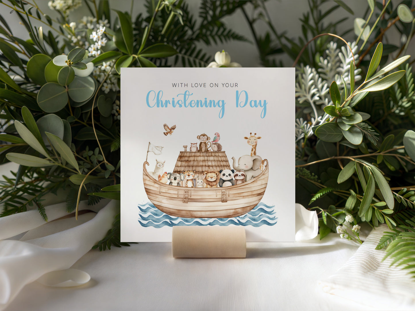 Christening Day Card for Boy – Noah's Ark and Cute Animals Design – With Love on Your Christening Day Religious Baptism Christening Card for Boys, Son, Grandson, Nephew with Blue Envelope