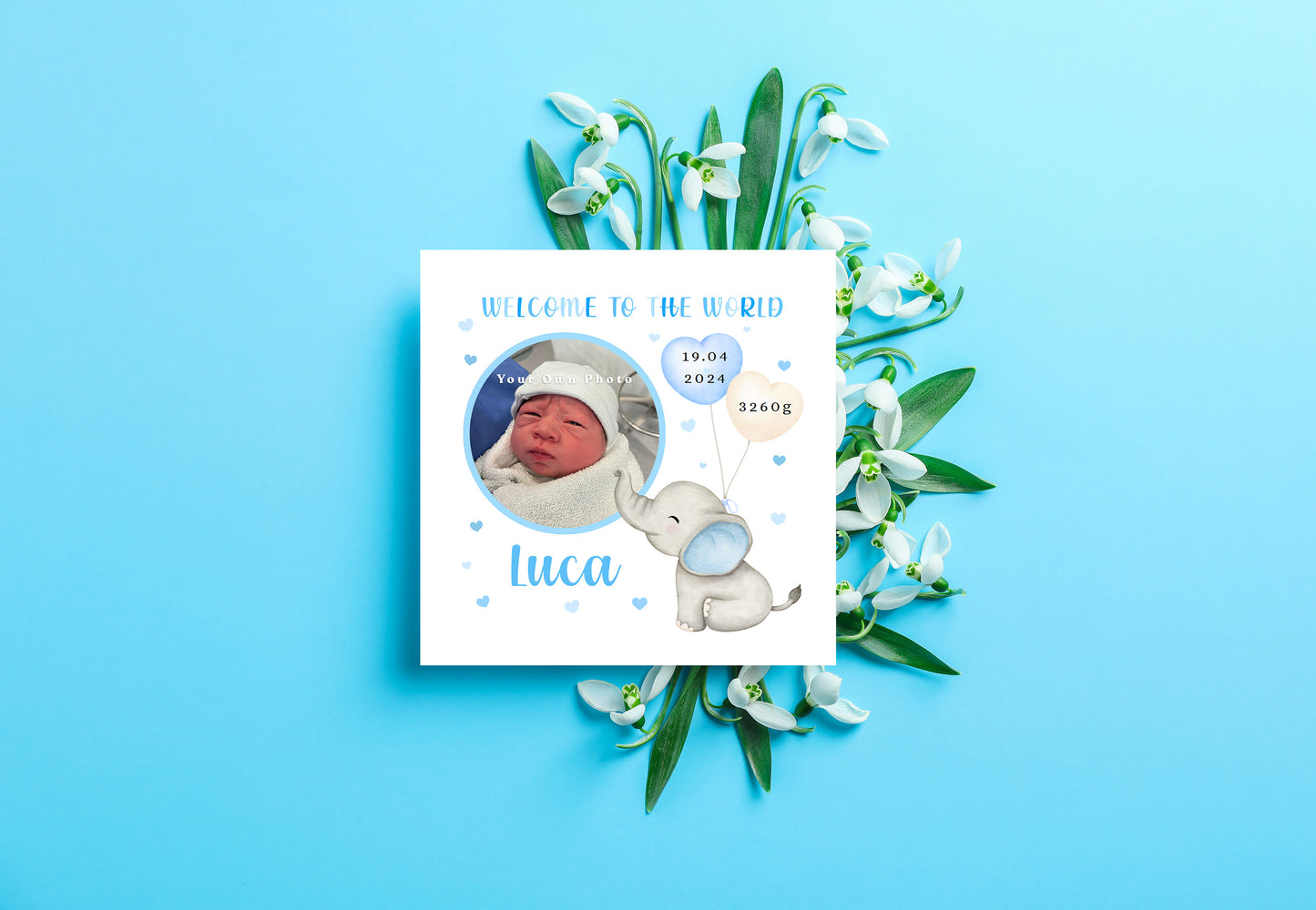 Personalised Photo New Baby Boy Card Congratulations for Newborn Boy, Welcome To The World Card for Son, Grandson, Nephew with Cutstom Photo Frame, Name, Birth Date & Weight with Blue Envelope
