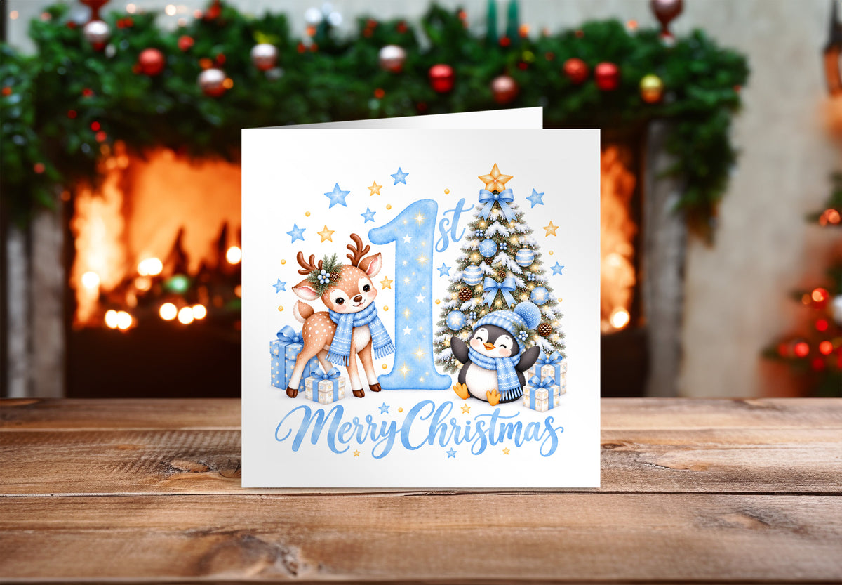 Baby Boy's 1st Christmas Card – Reindeer & Penguin Christmas Card