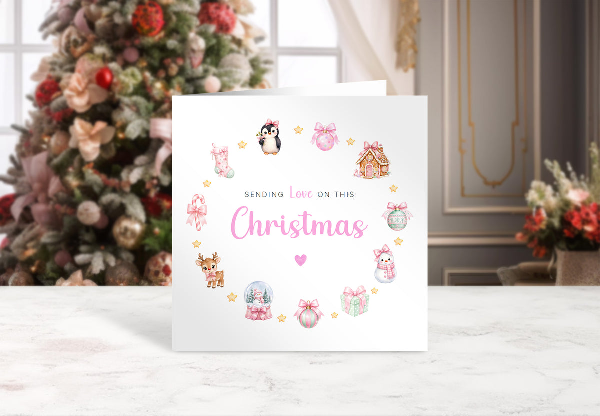 Pastel Pink Christmas Card for Girls – Cute Animals & Festive Xmas Design