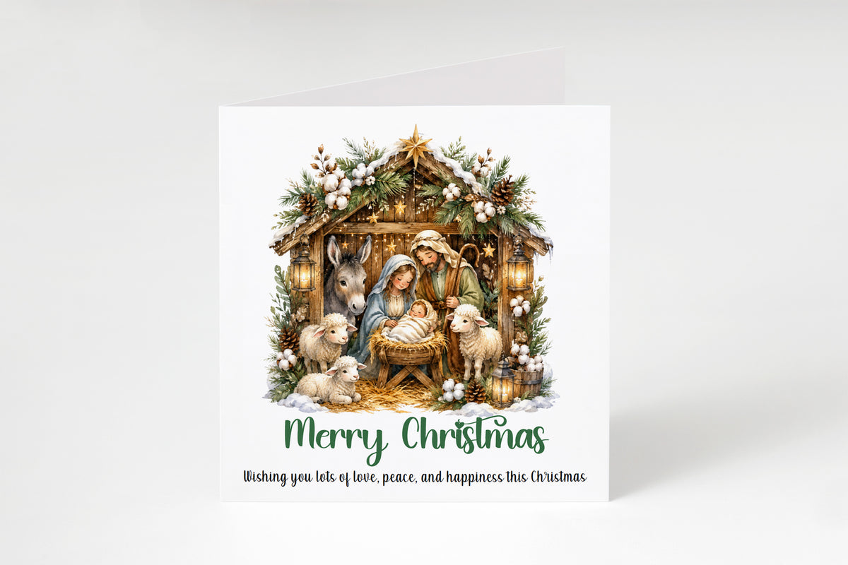 Nativity Christmas Card - Cute Sheep, Donkey, Baby Jesus Design - Elegant Religious Christmas Greeting Card