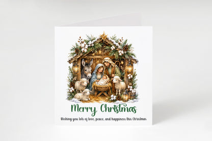 Nativity Christmas Card - Cute Sheep, Donkey, Baby Jesus Design - Elegant Religious Christmas Greeting Card