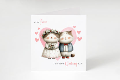 Cute Cat Wedding Card – Wedding Congratulations Card – Adorable Animal Wedding Card – Romantic Wedding Day Card for Newlywed couples, Animal Lovers, Him or Her – Pink Envelope Included