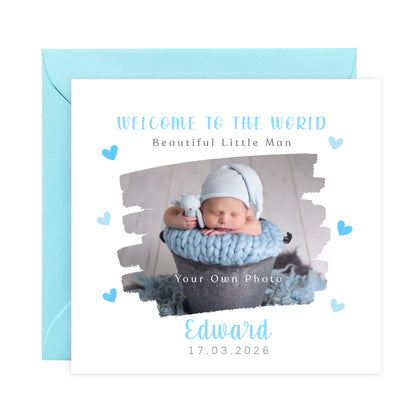 Personalised Photo New Baby Boy Card Congratulations for Newborn Boy, Welcome To The World Card for Son, Grandson, Nephew, Brush Stroke Photo Frame Design with Custom Name & Date with Blue Envelope