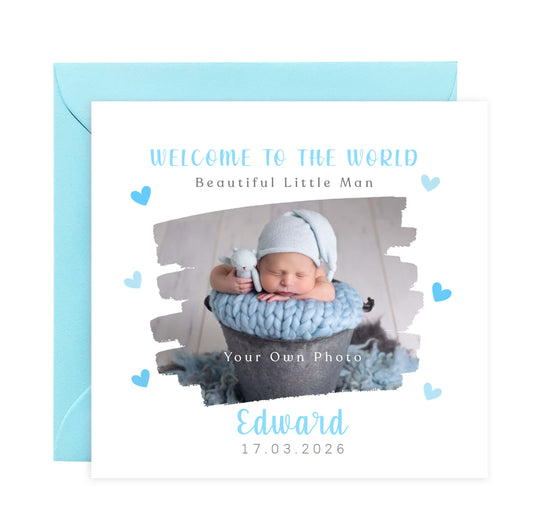 Personalised Photo New Baby Boy Card Congratulations for Newborn Boy, Welcome To The World Card for Son, Grandson, Nephew, Brush Stroke Photo Frame Design with Custom Name & Date with Blue Envelope