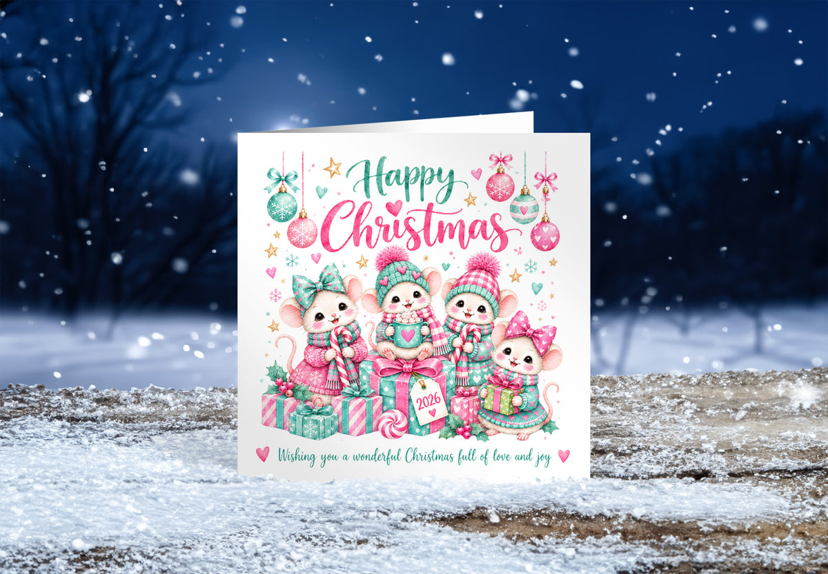Cute Christmas Card for Girls – Christmas Mice with Pink & Mint Festive Design
