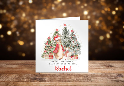Personalised Christmas Card for Girls – Red Rabbit and Christmas Trees