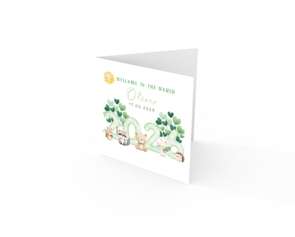 2026 Personalised New Baby Boy Card Congratulations for Newborn Son, Grandson, Nephew - Welcome To The World Card - Cute Woodland Animal Design with Custom Name and Date with Kraft Envelope