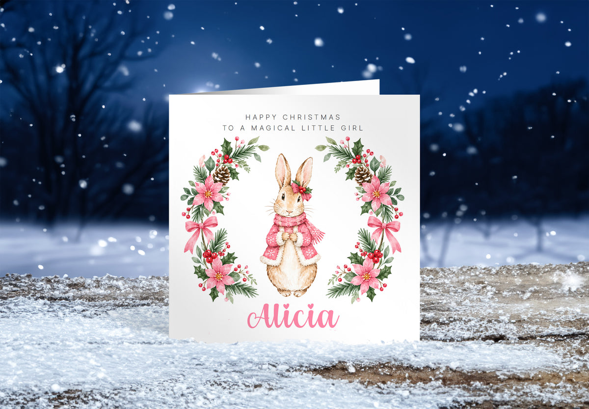 Personalised Christmas Card for Girls – Pink Festive Bunny and Xmas Wreath