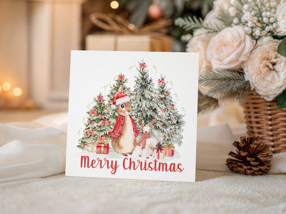 Happy Christmas Card for Girls – Red Rabbit and Christmas Trees