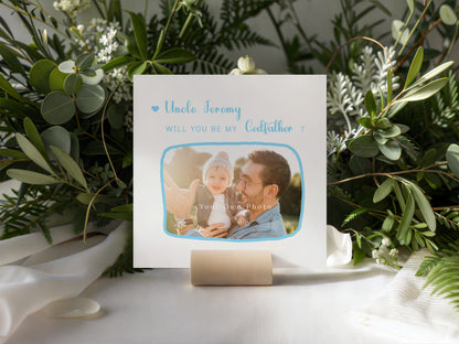 Personalised Photo Godfather Proposal Card - Will You Be My Godfather Card with Custom Name and Photo - Elegant Personalised Baptism Christening Day Proposal Card - Blue Envelope Included
