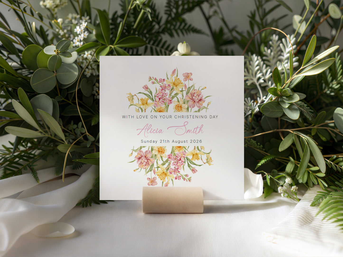 Personalised Christening Card for Girl – Custom Baptism Card with Name & Date - Elegant Pink & Yellow Flower Design – Baptism Card for Girls, Daughter, Granddaughter, Niece - Pink Envelope Included
