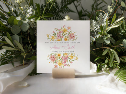 Personalised Christening Card for Girl – Custom Baptism Card with Name & Date - Elegant Pink & Yellow Flower Design – Baptism Card for Girls, Daughter, Granddaughter, Niece - Pink Envelope Included