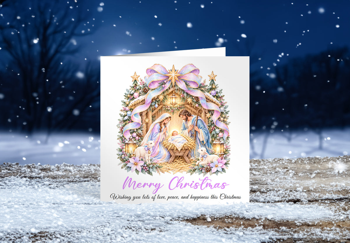 Pastel Nativity Christmas Card – Lilac & Pink Baby Jesus Greeting