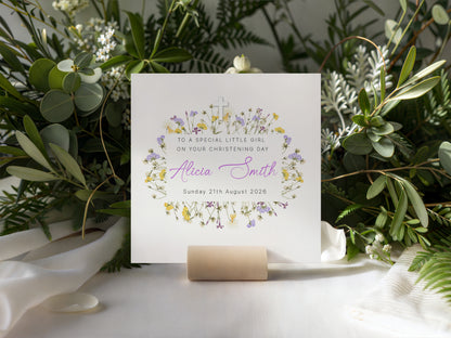 Personalised Christening Card for Girl – Custom Baptism Card with Name & Date - Elegant Purple Flowers Design – Baptism Card for Girls, Daughter, Granddaughter, Niece - Purple Envelope Included