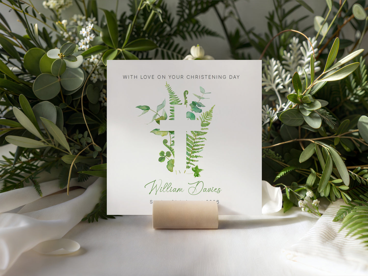 Personalised Christening Card for Boys or Girls – Green Botanical Cross Design with Custom Name and Date - Baptism Card for Son, Daughter, Grandson, Granddaughter, Nephew, Niece with Green Envelope