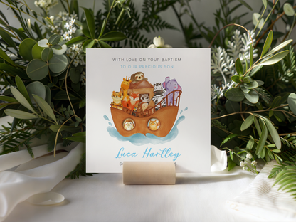 Personalised Christening Card for Boy – Custom Baptism Card with Message, Name & Date - Noah's Ark and Cute Animals Design – Baptism Card for Boys, Son, Grandson, Nephew with Blue Envelope