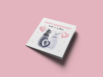 Personalised Cute Cats Anniversary Card - Custom Couple Names, Date and Years of Anniversary for Wedding, 1st, 2nd,10th, 20th - For Cat Lovers, Him, Her, Wife, Husband - Pink Envelope Inclided