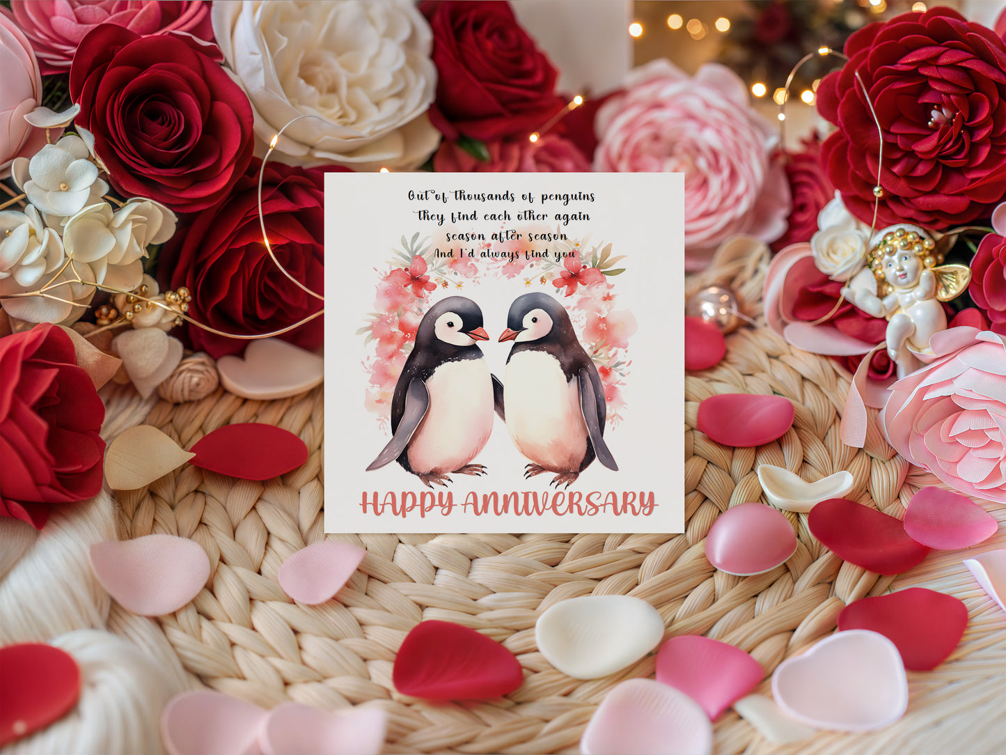 Romantic Penguin Couple Anniversary Card for Wedding, Dating, Relationship Milestones 1st, 2nd, 3rd, 5th, 10th, 20th 30th - For Him, Her, Wife, Husband, Couples - Red Envelope Included