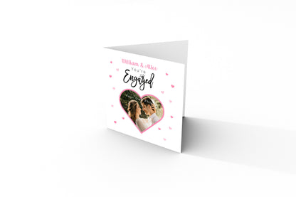 Personalised Photo Engagement Card – Custom Photo & Couple's Names - Heart Photo Frame Design - Congratulations Engagement Card for Newly Engaged Couples - Pink Envelope Included