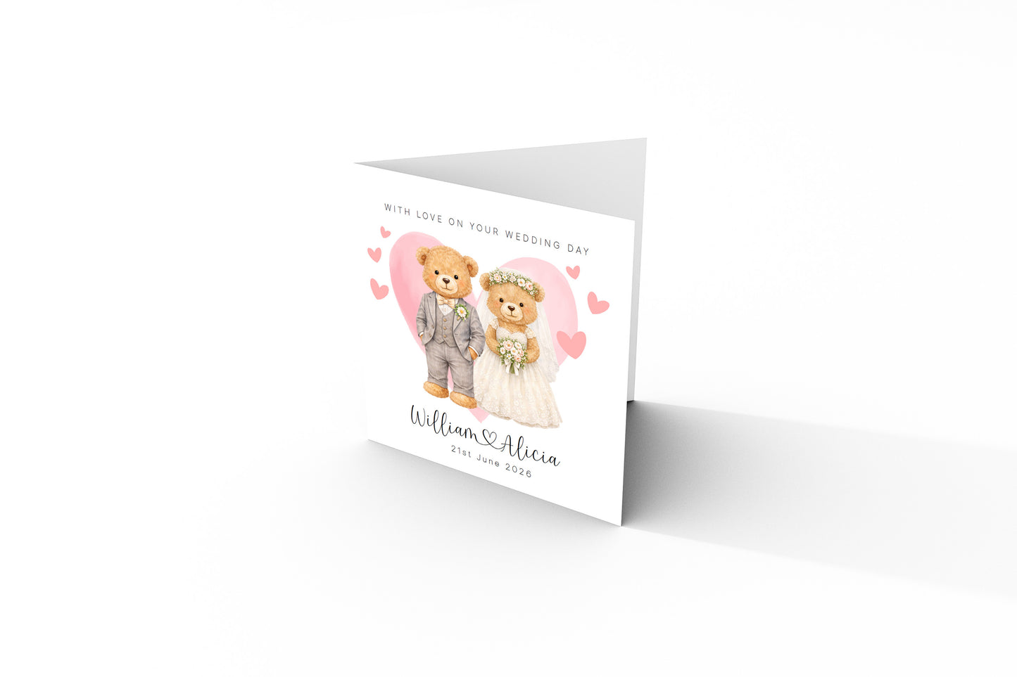 Personalised Wedding Card for Bride & Groom with Custom Names & Date -  Cute Teddy Bear Design Wedding Greeting Keepsake Card for Him or Her - Pink Envelope Included
