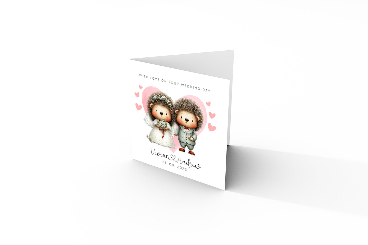 Personalised Wedding Card with Custom Couple's Names & Wedding Date – Cute Hedgehog Design - Wedding Congratulations Card for Newlywed couples, Animal Lovers, Him or Her - Pink Envelope Included