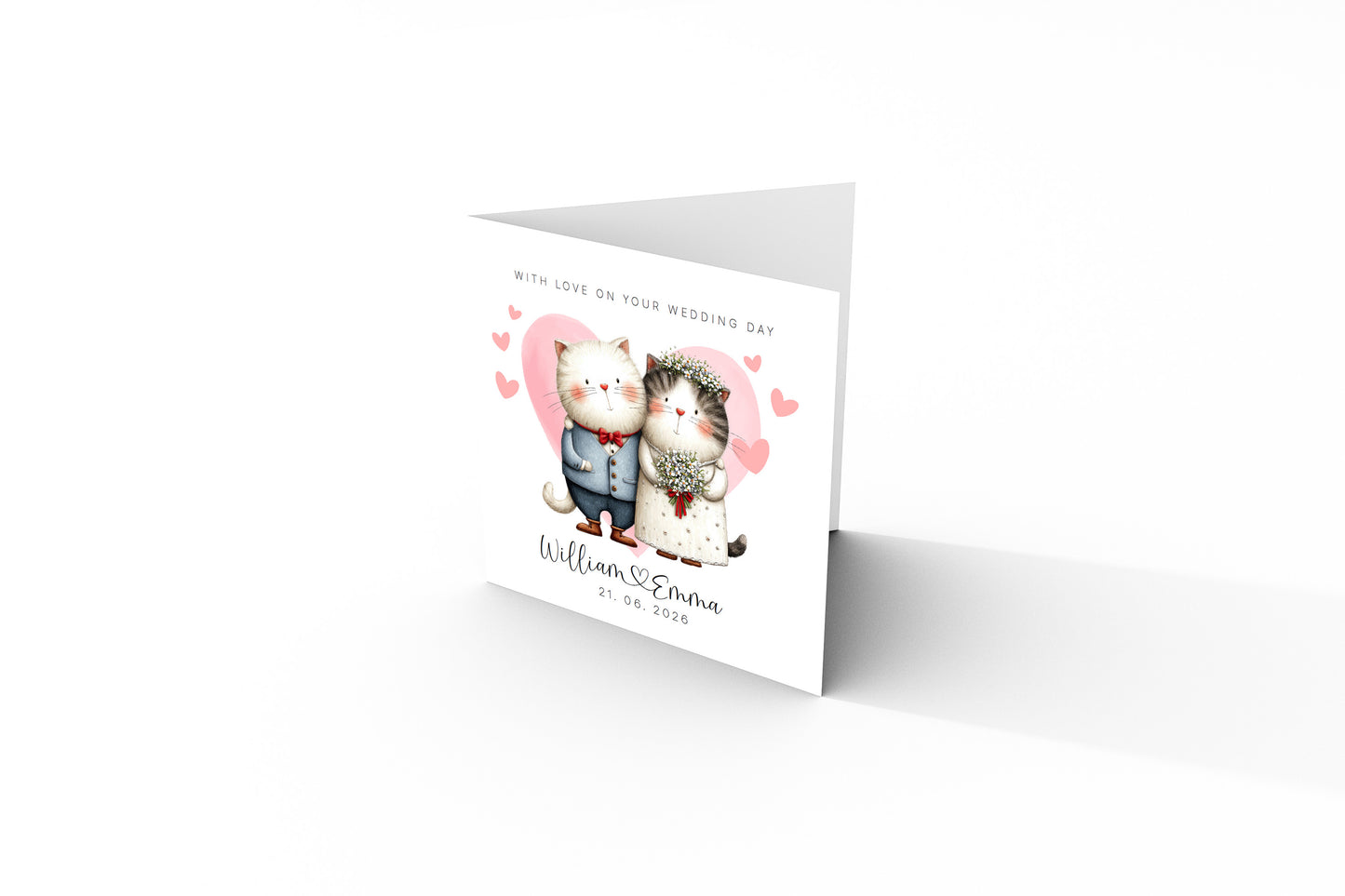 Personalised Wedding Card – Custom Couple's Names & Wedding Date – Cute Cats Design - Wedding Congratulations Card for Newlywed couples, Cat Lovers, Him or Her - Pink Envelope Included