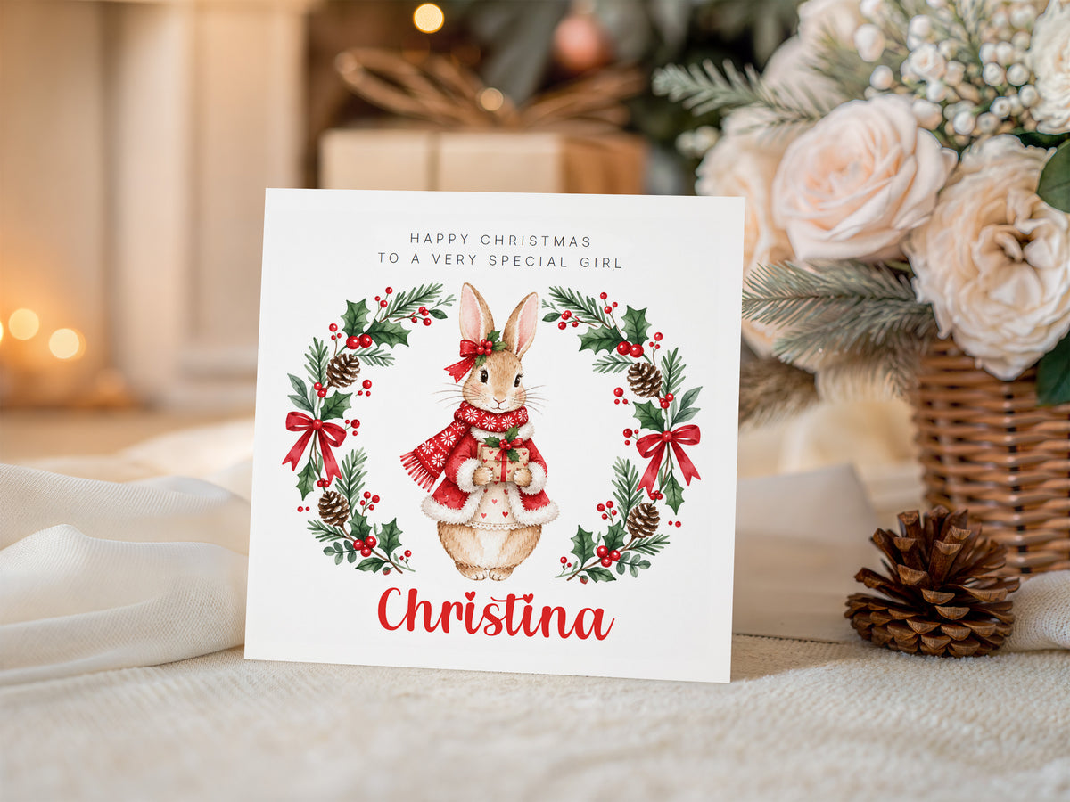 Personalised Christmas Card for Girls – Festive Bunny and Xmas Wreath