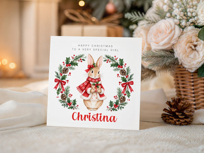 Personalised Christmas Card for Girls – Festive Bunny and Xmas Wreath