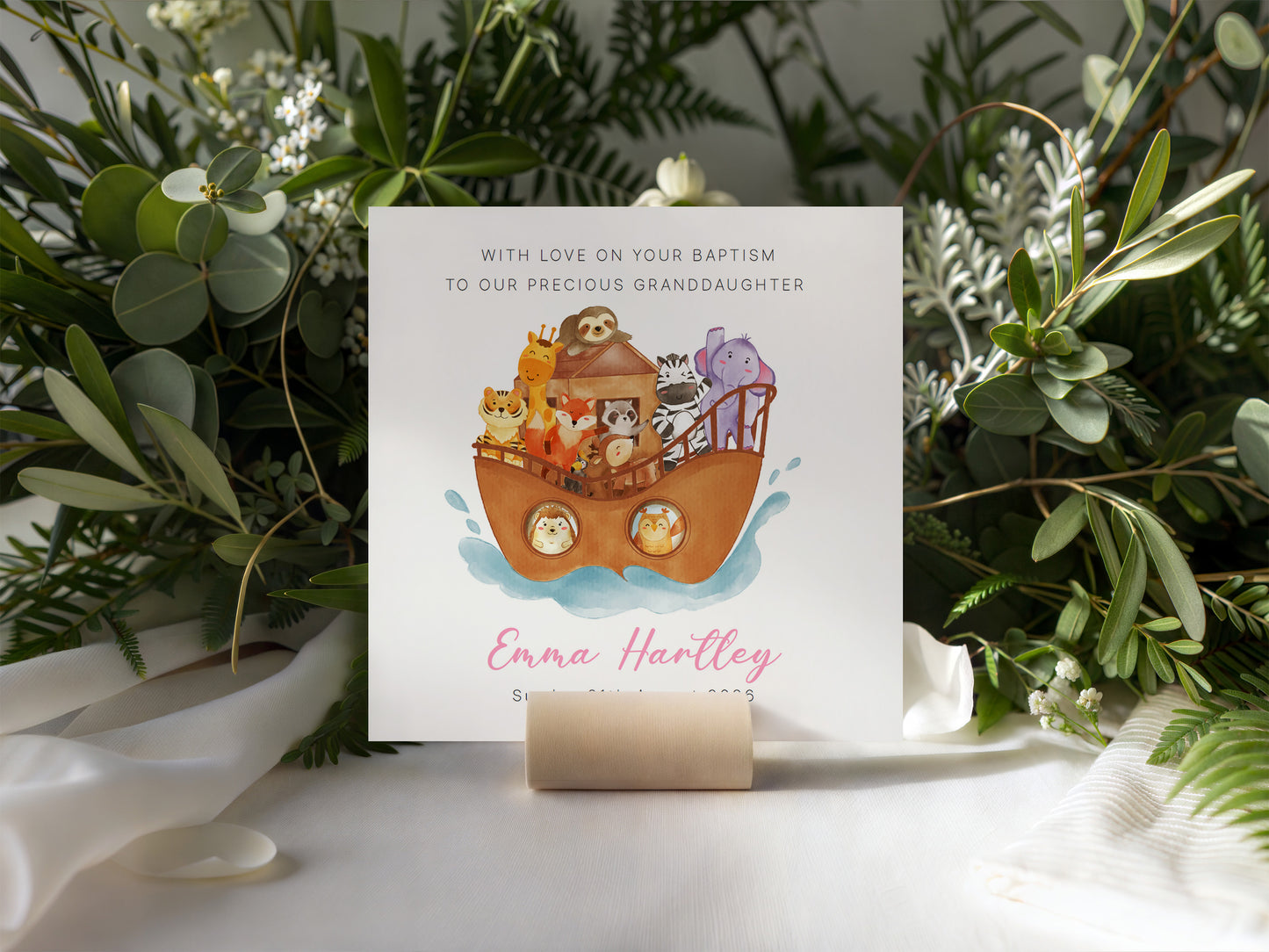 Personalised Christening Card for Girl – Custom Baptism Card with Message, Name & Date - Noah’s Ark Design – Religious Baptism Card for Girls, Daughter, Granddaughter, Niece with Pink Envelope